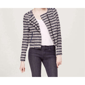 Ann Taylor LOFT Tweedy Collarless Stripe Zip Jacket Size 12 Azure Blue Navy